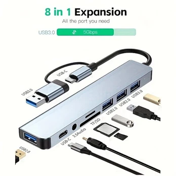 8-in-1 USB šakotuvas su Type-C adapteriu