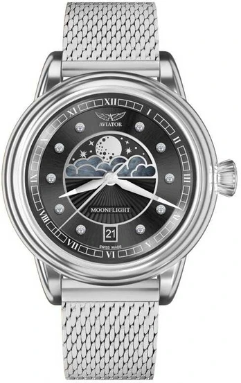 Laikrodis AVIATOR Douglas Moonflight Sidabrinis Diamonds Edition V.1.33.0.381.5