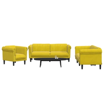 Sofa Sofos komplektas, 3 dalių, geltonos spalvos, aksomas