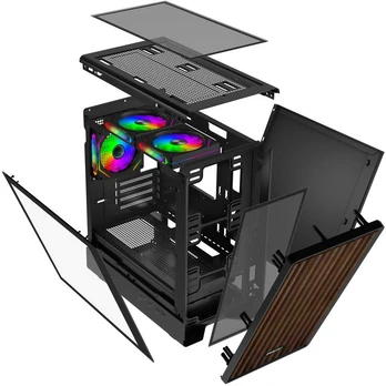 EVOLVEO Panthera, skříň mATX, 3x ARGB ventilátor 120mm, dřevěný přední panel + skleněná bočnice