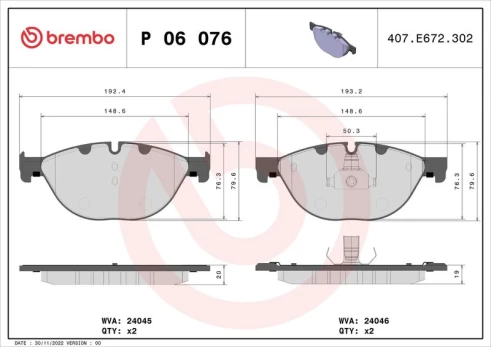 Stabdžių trinkelių rinkinys, diskinis stabdys BREMBO P06076