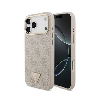 Dėklas Guess PU Leather 4G Strass Triangle Logo Gold Frame MagSafe Apple iPhone 18 Pro Max rožinis