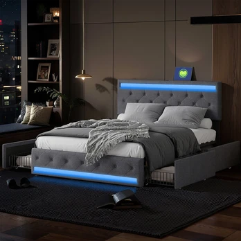 Lova 160 x 200 cm, su LED, USB, pilka lininė