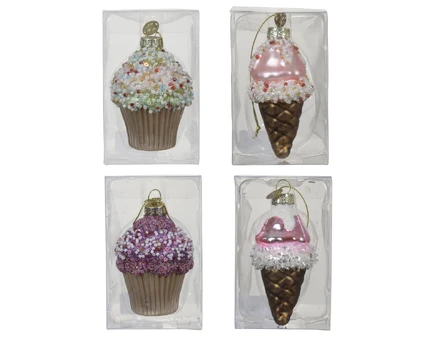 Stiklinis kalėdinis eglės žaisliukas CAKE, 4 rūšys, 5 x 7 cm, 1 vnt