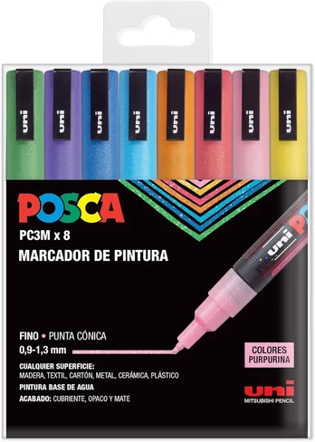 Uni Posca Pc 3m Sparkling - 8 markerių rinkinys