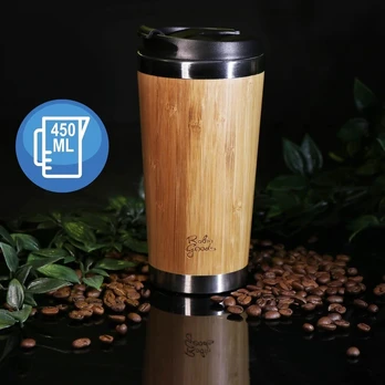 Ambition Nerūdijančio plieno ir bambuko puodelis su dangteliu, 450 ml