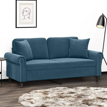 Dvivietė sofa su pagalvėlėmis, mėlynos spalvos, 140cm, aksomas