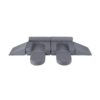Modulinė vaikiška žaidimų sofa, 10 dalių, Mėlyna/pilka/smėlio, 247 × 35 × 124 cm