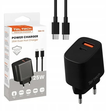 „Teltech“ įkroviklis „Teltech“ USB / Type-C tinklinis įkroviklis, 25 W + Type-C – Type-C kabelis, 1 m, juodas, TCH-02