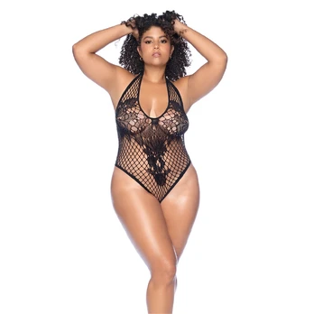 Leg Avenue Floral Fishnet Bodysuit Queen Size Black - Adjustable Neckline