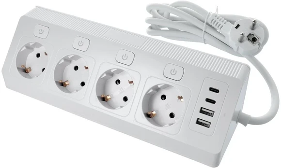Oem Power strip with 4 sockets max 3680W, 2xUSB A, 2x type C jungtys with 2m power cable E42 baltas