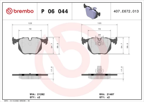 Stabdžių trinkelių rinkinys, diskinis stabdys BREMBO P 06 044
