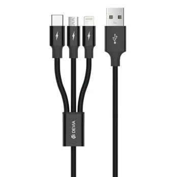 Devia Kintone Series 3In1 Tube, USB prie Lightning, MicroUSB, Type-C, 1,2m, juodas
