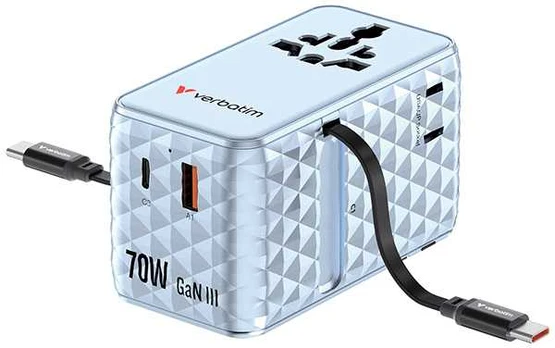Verbatim, 1x USB-C, 1X USB-A + 2x zintegrowane kable USB-C, mėlyna, 70 W