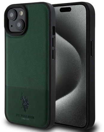 Dėklas U.S. Polo PU Leather Mesh Pattern Double Horse Case for iPhone 15 Green