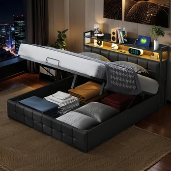 Dvigulė lova su vieta daiktams susidėti, LED , USB , 140x200 cm, PU, juoda