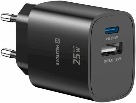 Swissten Travel Charger Edge GaN USB-A 18W / USB-C 25W juodas