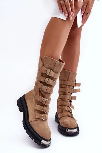 Aukšti batai su petnešėlėmis Suede Workery Beige Elnatea