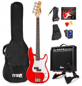 MAX Elektrinė bosinė gitara Gigkit raudona + stiprintuvas stovas dėklas
