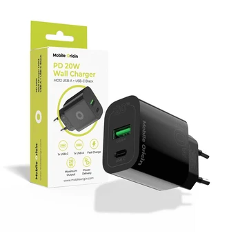 Mobile Origin PD20W laidinis įkroviklis MO12, juodos spalvos 1 USB-A + 1 USB-C