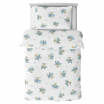 Cover set - 2 pcs - 135x100, 40x60 - BEAR in PLANE - BLUE