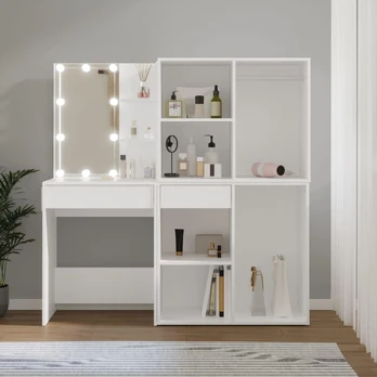 Kosmetinis staliukas su led ir 2 spintelėmis, baltas, mediena