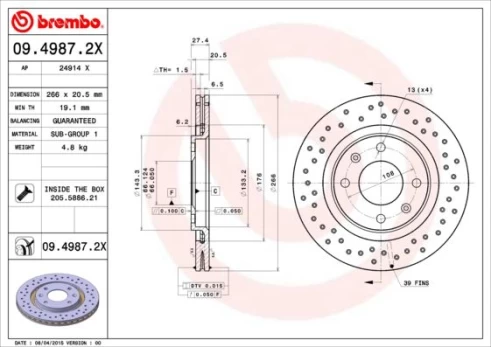 Stabdžių diskas BREMBO 09.4987.2X