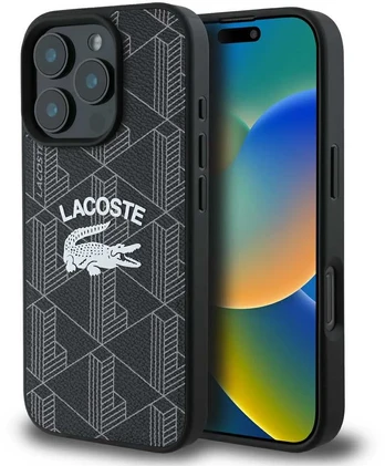 Juodas dėklas Apple iPhone 16 Pro telefonui "Lacoste Blend Monogram MagSafe Case"