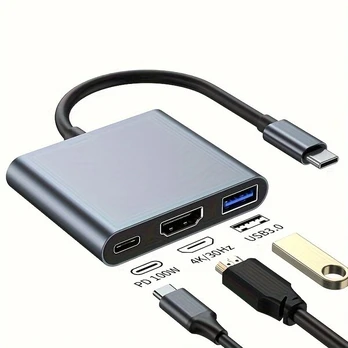 OUYUANSU USB C Adapteris 3-in-1 – 100W įkrova, 4K ir USB 3.0