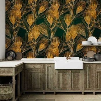Artgeist Fototapetas - Golden peacock feathers - solid background with bird pattern on žalias background