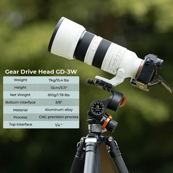 3-Way Geared Tripod Head CNC Process Aluminum Alloy, High-Precision Fluid Head Load