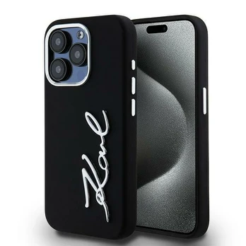 Dėklas Karl Lagerfeld Silicone Metal Script Logo do iPhone 15 Pro Max juoda