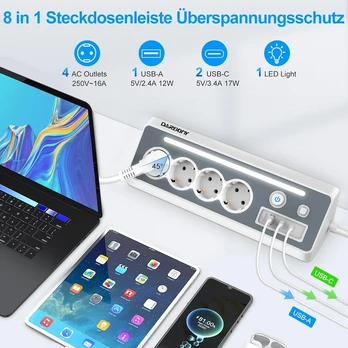 Prailginimo laidas su 2 Usb-c, 4 lizdai, kampinis, Led