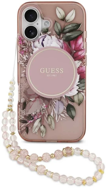 Guess IML Flowers Strap MagSafe Case for iPhone 17 Rožinė
