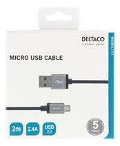 USB sinchronizavimo / įkrovimo kabelis, pintas, USB-A ma - USB Micro B ma, 2m, 2.4A, USB 2.0 DELTACO juodas / MICRO-113F