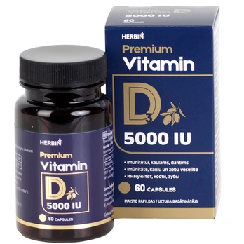 Vitaminas D3 5000TV HERBIN PREMIUM, 60 kaps. (Dabar 3 už 2 kainą!)