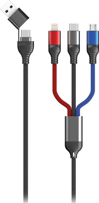 Kabelis USB 2GO USB-A + USB-C - USB-C + microUSB + Lightning 1,2 m Juodas (797361)