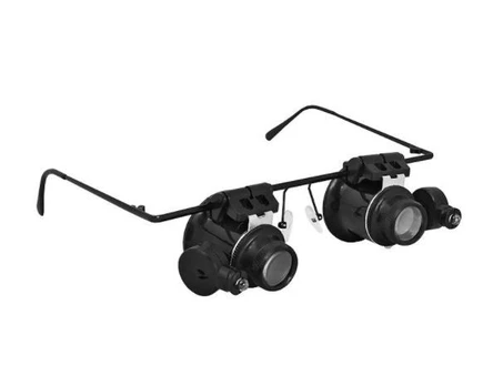 Padidinimo stiklas - akiniai x20 su LED apšvietimu, dvigubi