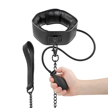 Fetish Submissive Bondage Inflatable Adjustable Collar with Metal Chain