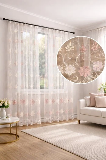 Dieninės užuolaidos su siuvinėjimu 400 x 245, pudros