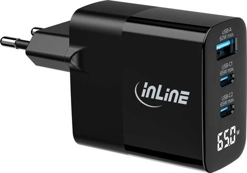 Manhattan „InLine®“ USB PD maitinimo šaltinis, GaN įkroviklis, 3 prievadų, USB-C + USB-A, 65 W, su ekranu