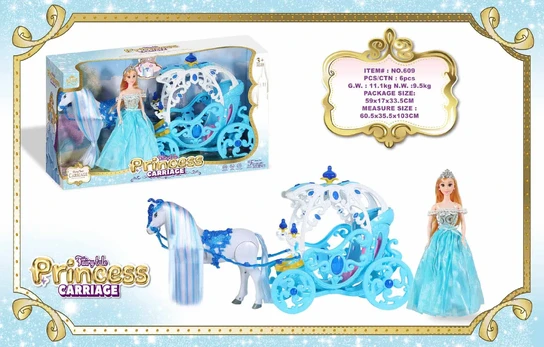 Blue coach with white horse + princess doll