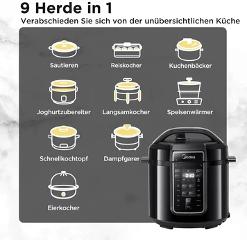 Garų puodas Midea elektrinis greitpuodis 6l, 9-in-1 daugiafunkcis puodas su 14 funkcijų, jogurto gaminimo aparatas, ryžių puodas, lėtas virimo puodas, sous vide, garintuvas, makaronų virimo puodas, nerūdijančio plieno vidinis puodas, juodas