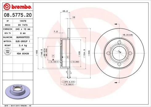 Stabdžių diskas BREMBO 08.5775.20