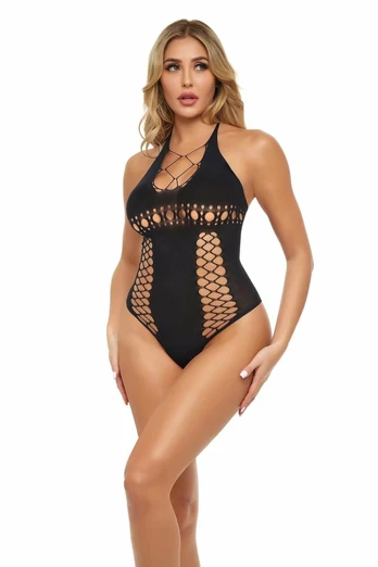 HOT TOO HANDLE Bodysuit Black OS - Halter Neck, Stretch Nylon Blend