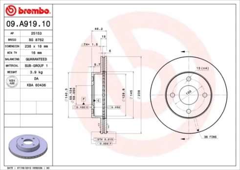 Stabdžių diskas BREMBO 09.A919.10