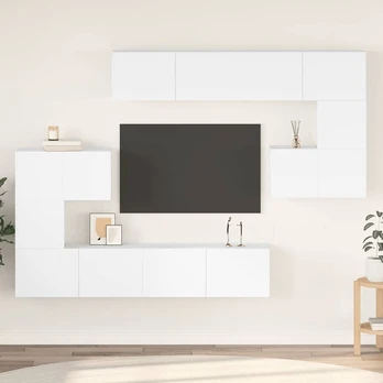 Televizoriaus spintelių komplektas, 8 dalių, baltas, mediena
