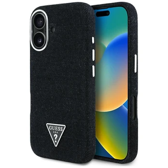 Dėklas Guess Denim Triangle Logo MagSafe do iPhone 16 juoda
