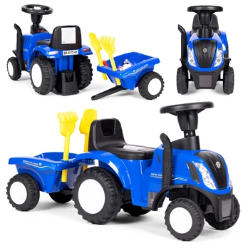 Ride-on tractor with trailer for children, interactive steering wheel, sounds, blue