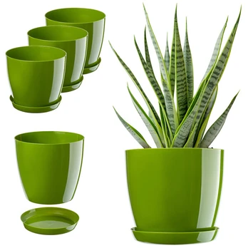 Vazonų dėklai su lėkštutėmis KADAX, žali, plastikiniai, 23 cm, 3 vnt.